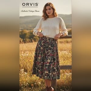 VINTAGE ORVIS Floral 100 % cotton Skirt Pleated Size L made in India